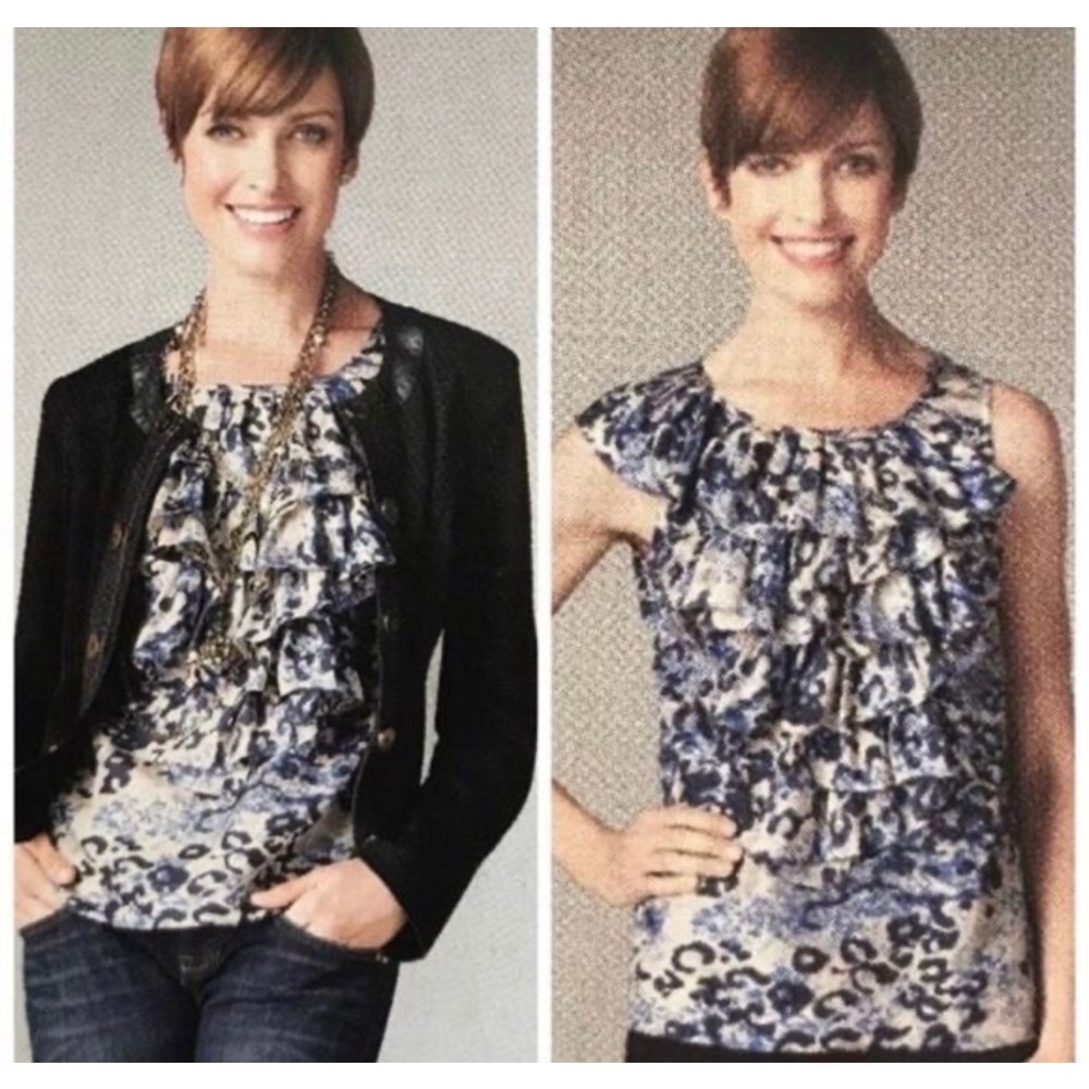 Cabi Small Silk Blouse Ruffle Front Blue Leopard Print Sleeveless Top 628